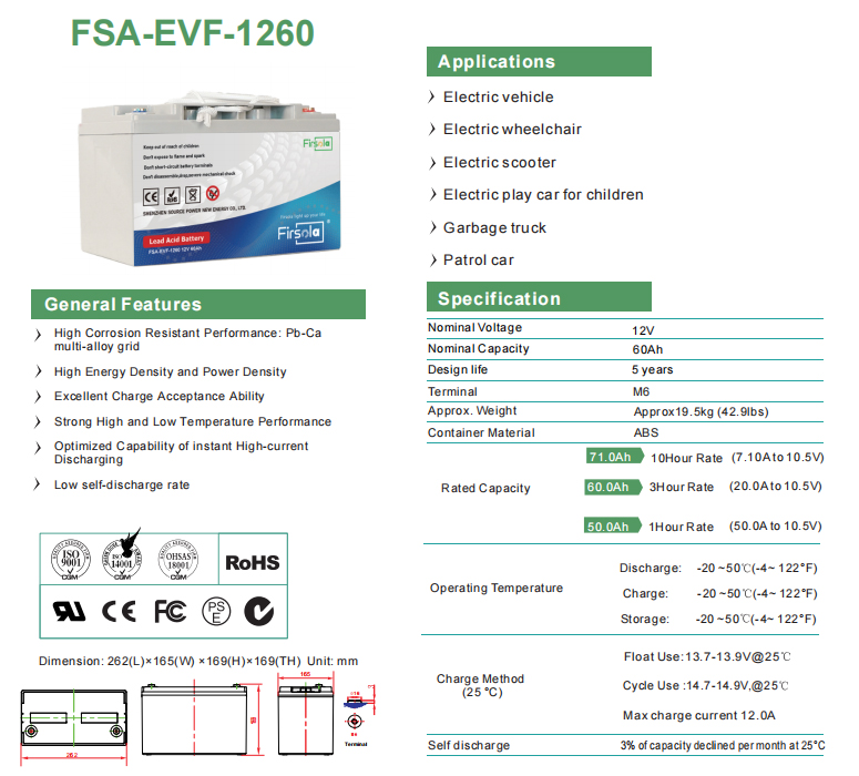 12V 60Ah EVF Series Electric Vehicle Scooter Lead-acid Battery